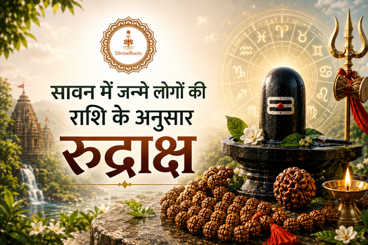 DivineRoots Hindi infographic showing Rudraksha guidance by zodiac sign for people born in Sawan month with Shivling, Rudraksha Mala, zodiac symbols, diya, temple background and Lord Shiva theme
