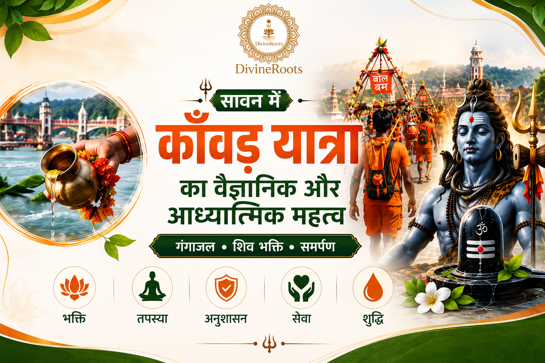 DivineRoots Hindi infographic showing Kanwar Yatra in Sawan with Kanwariyas carrying Kanwar, Ganga Jal offering, Lord Shiva, Shivling, Trishul and themes of bhakti, tapasya, discipline, seva and purification