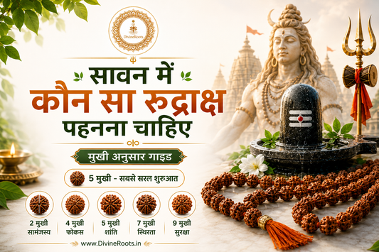 DivineRoots Hindi infographic showing Rudraksha Mala, Shivling and Lord Shiva theme, explaining which Rudraksha to wear in Sawan with Mukhi-wise guide including 2 Mukhi, 4 Mukhi, 5 Mukhi, 7 Mukhi and 9 Mukhi Rudraksha