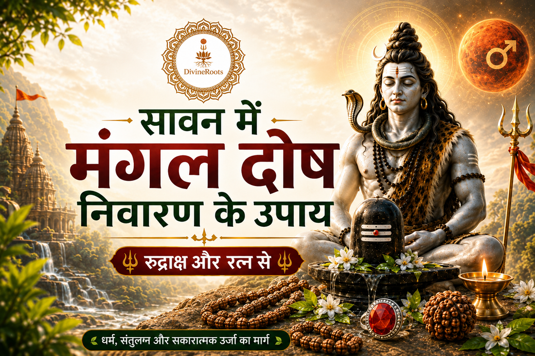 DivineRoots Hindi infographic showing Sawan Mangal Dosha remedies with Lord Shiva, Shivling, Rudraksha Mala, Red Coral gemstone, Mars symbol, diya and spiritual temple background