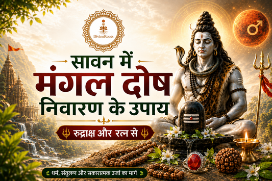 DivineRoots Hindi infographic showing Sawan Mangal Dosha remedies with Lord Shiva, Shivling, Rudraksha Mala, Red Coral gemstone, Mars symbol, diya and spiritual temple background