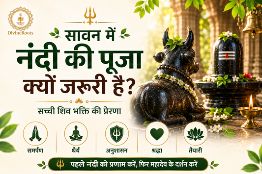 DivineRoots Hindi infographic showing Nandi facing Shivling in a Shiva temple during Sawan, with diya, flowers, leaves and devotional theme, explaining why Nandi Puja is important for surrender before Shiva darshan