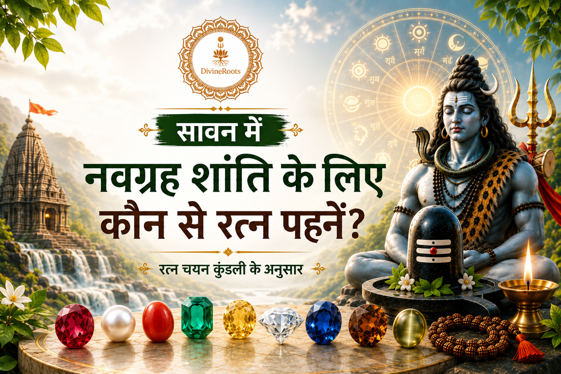 DivineRoots Hindi infographic showing gemstones for Navagraha peace in Sawan with Lord Shiva, Shivling, Navagraha wheel, Ruby, Pearl, Red Coral, Emerald, Yellow Sapphire, Diamond, Blue Sapphire, Gomed, Cat’s Eye, Rudraksha Mala and diya