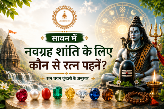 DivineRoots Hindi infographic showing gemstones for Navagraha peace in Sawan with Lord Shiva, Shivling, Navagraha wheel, Ruby, Pearl, Red Coral, Emerald, Yellow Sapphire, Diamond, Blue Sapphire, Gomed, Cat’s Eye, Rudraksha Mala and diya