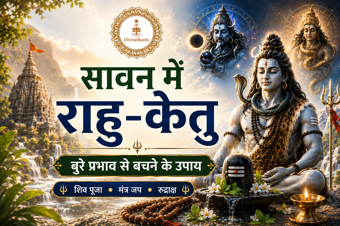 DivineRoots Hindi infographic showing Sawan Rahu-Ketu remedies with Lord Shiva, Rahu-Ketu symbolism, Shivling, Rudraksha Mala, diya, temple background and spiritual astrology theme