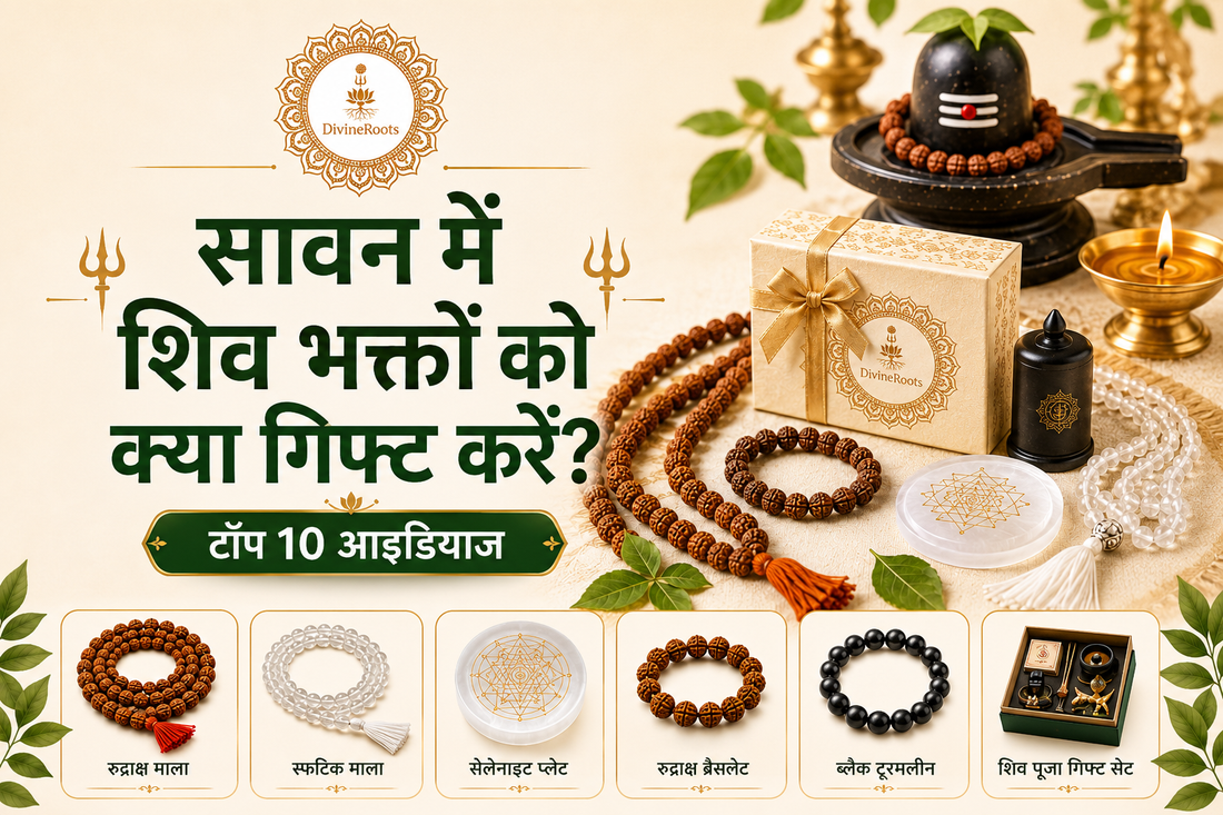 DivineRoots Hindi infographic showing Sawan gift ideas for Shiva devotees with Rudraksha Mala, Sphatik Mala, Sri Yantra Selenite Plate, Rudraksha Bracelet, Black Tourmaline, Shiv Puja gift set, Shivling, diya and spiritual gift box