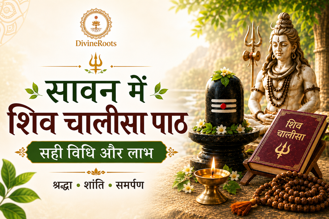 DivineRoots Hindi infographic showing Shiv Chalisa Paath in Sawan with Lord Shiva, Shivling, diya, Rudraksha Mala, maroon Shiv Chalisa book and sacred puja setup, explaining the correct method and benefits of reading Shiv Chalisa
