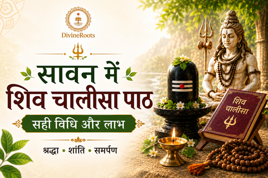 DivineRoots Hindi infographic showing Shiv Chalisa Paath in Sawan with Lord Shiva, Shivling, diya, Rudraksha Mala, maroon Shiv Chalisa book and sacred puja setup, explaining the correct method and benefits of reading Shiv Chalisa