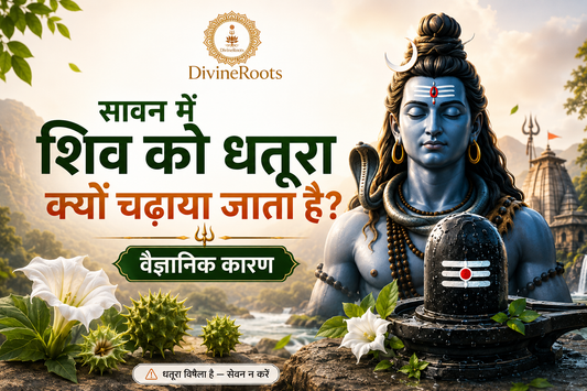 DivineRoots Hindi image showing Lord Shiva, Shivling, Dhatura flower and Dhatura fruit, explaining why Dhatura is offered to Shiva in Sawan with scientific reasons and safety warning that Dhatura is toxic and should not be consumed
