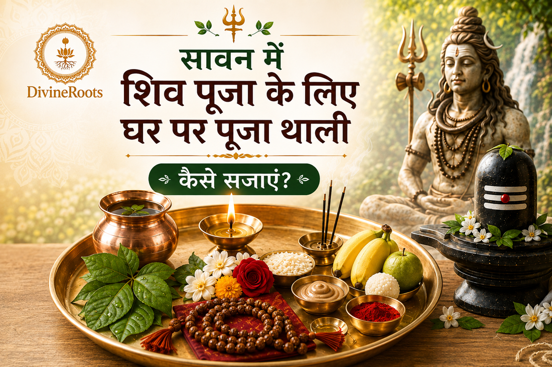 DivineRoots Hindi infographic showing Shiva Puja Thali arrangement at home in Sawan with water kalash, Bel Patra, diya, Rudraksha Mala, flowers, fruits, Lord Shiva, Shivling and sacred puja setup