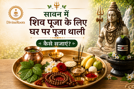DivineRoots Hindi infographic showing Shiva Puja Thali arrangement at home in Sawan with water kalash, Bel Patra, diya, Rudraksha Mala, flowers, fruits, Lord Shiva, Shivling and sacred puja setup