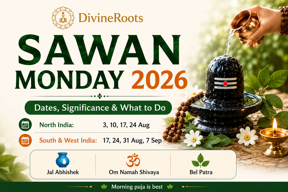 DivineRoots Sawan Monday 2026 devotional infographic showing Shivling Jal Abhishek, Rudraksha Mala, North India and South West India Sawan Monday dates, Om Namah Shivaya and Bel Patra offering