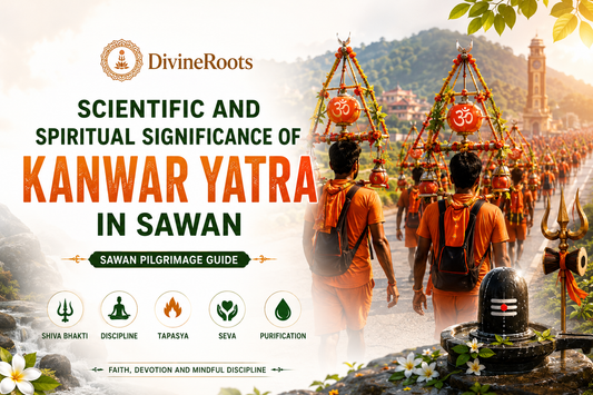 DivineRoots infographic showing Kanwar Yatra in Sawan with Kanwariyas carrying decorated Kanwar, Shivling, Ganga Jal, Trishul and spiritual themes of Shiva Bhakti, discipline, tapasya, seva and purification
