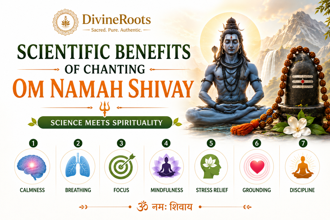DivineRoots infographic showing Lord Shiva, Shivling, Rudraksha Mala and Om Namah Shivay mantra with scientific benefits of chanting such as calmness, breathing, focus, mindfulness, stress relief, grounding and discipline