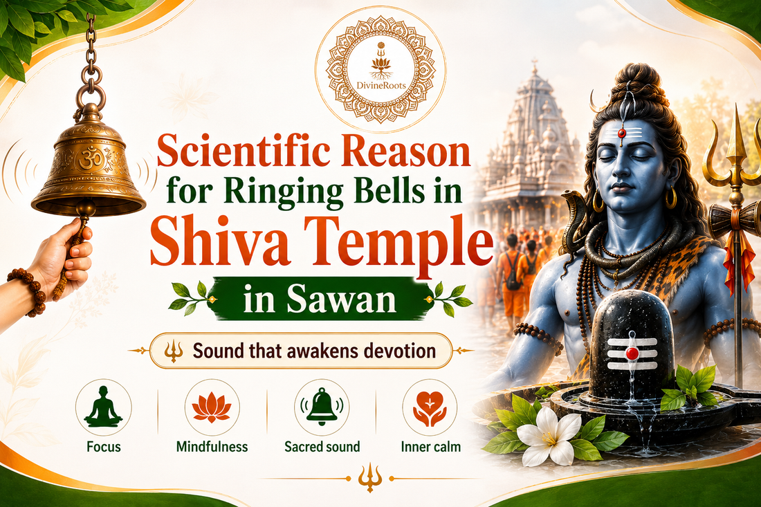 DivineRoots infographic showing a temple bell, Lord Shiva, Shivling and Shiva temple scene, explaining the scientific reason for ringing bells in Shiva temple during Sawan with focus, mindfulness, sacred sound and inner calm