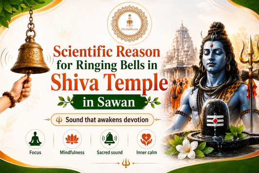 DivineRoots infographic showing a temple bell, Lord Shiva, Shivling and Shiva temple scene, explaining the scientific reason for ringing bells in Shiva temple during Sawan with focus, mindfulness, sacred sound and inner calm