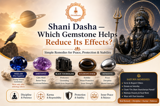 Shani Dev with Neelam, Amethyst, Black Tourmaline, Sulemani Hakik and Hematite gemstones showing spiritual support for Shani Dasha, protection, stability and discipline