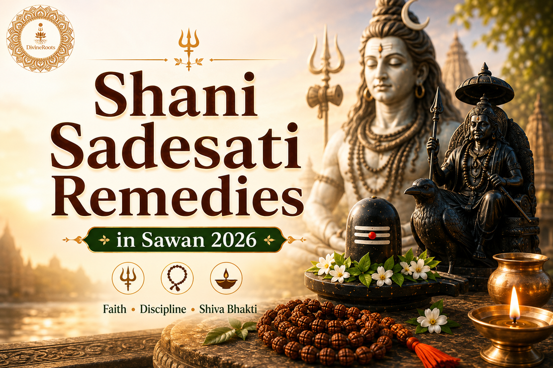 DivineRoots infographic showing Shani Sadesati remedies in Sawan 2026 with Lord Shiva, Shani Dev, Shivling, Rudraksha Mala, diya, temple background and devotional astrology theme