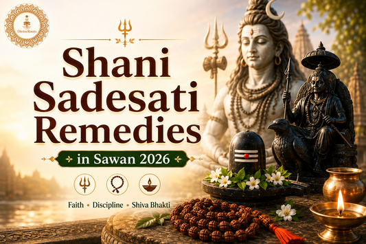 DivineRoots infographic showing Shani Sadesati remedies in Sawan 2026 with Lord Shiva, Shani Dev, Shivling, Rudraksha Mala, diya, temple background and devotional astrology theme