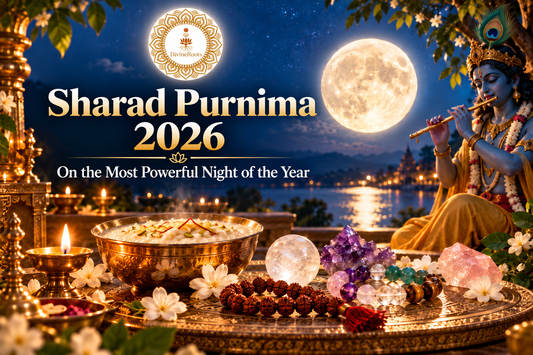 DivineRoots blog hero image for Sharad Purnima 2026 showing Lord Krishna playing the flute under a bright full moon with kheer, Rudraksha, Sphatik and crystals arranged in a devotional moonlit setting.