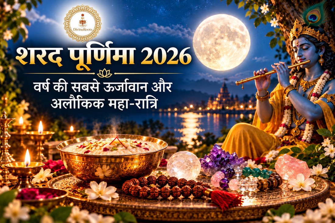 DivineRoots blog hero image for Sharad Purnima 2026 showing Lord Krishna playing the flute under a bright full moon with kheer, Rudraksha, Sphatik and crystals arranged in a devotional moonlit setting.