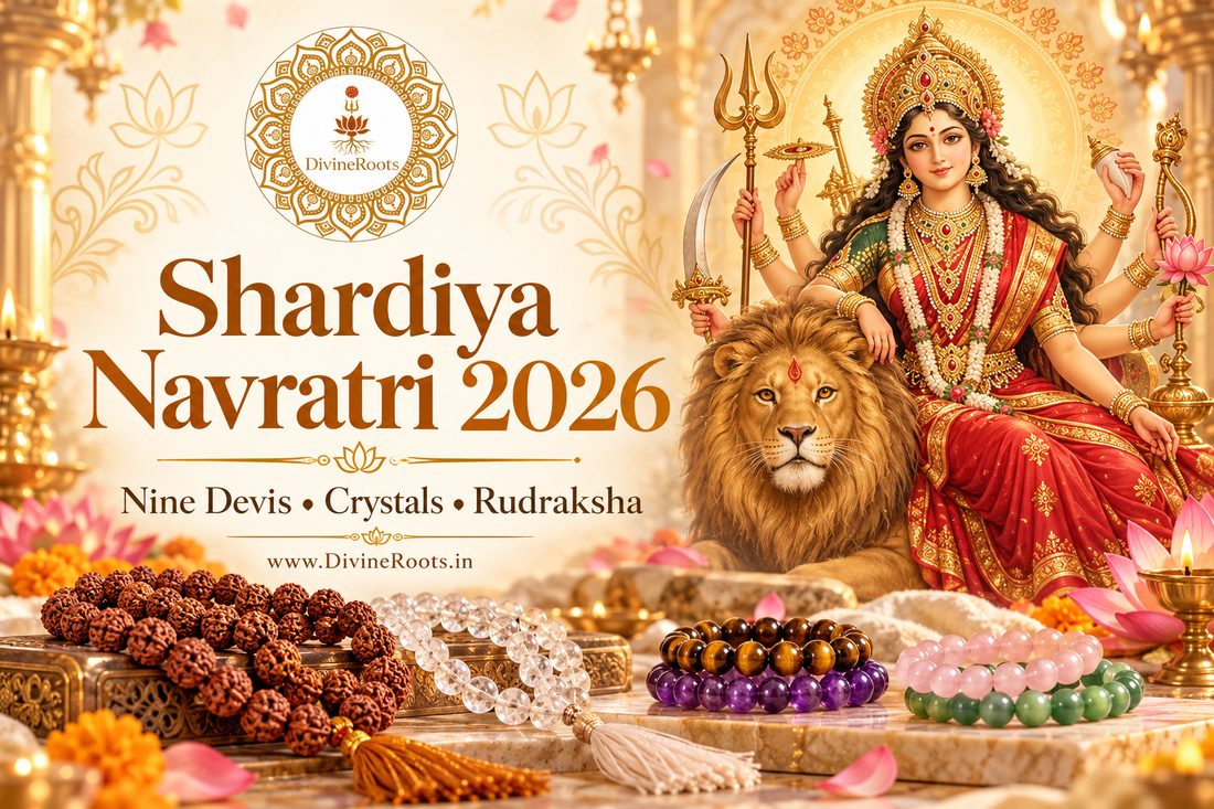 DivineRoots Shardiya Navratri 2026 blog image featuring Maa Durga with a lion, Rudraksha and Sphatik malas, and colourful crystal bracelets.
