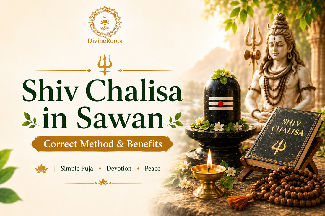DivineRoots infographic showing Shiv Chalisa in Sawan with Lord Shiva, Shivling, diya, Rudraksha Mala, Shiv Chalisa book and sacred puja setup, explaining the correct method and benefits of reading Shiv Chalisa