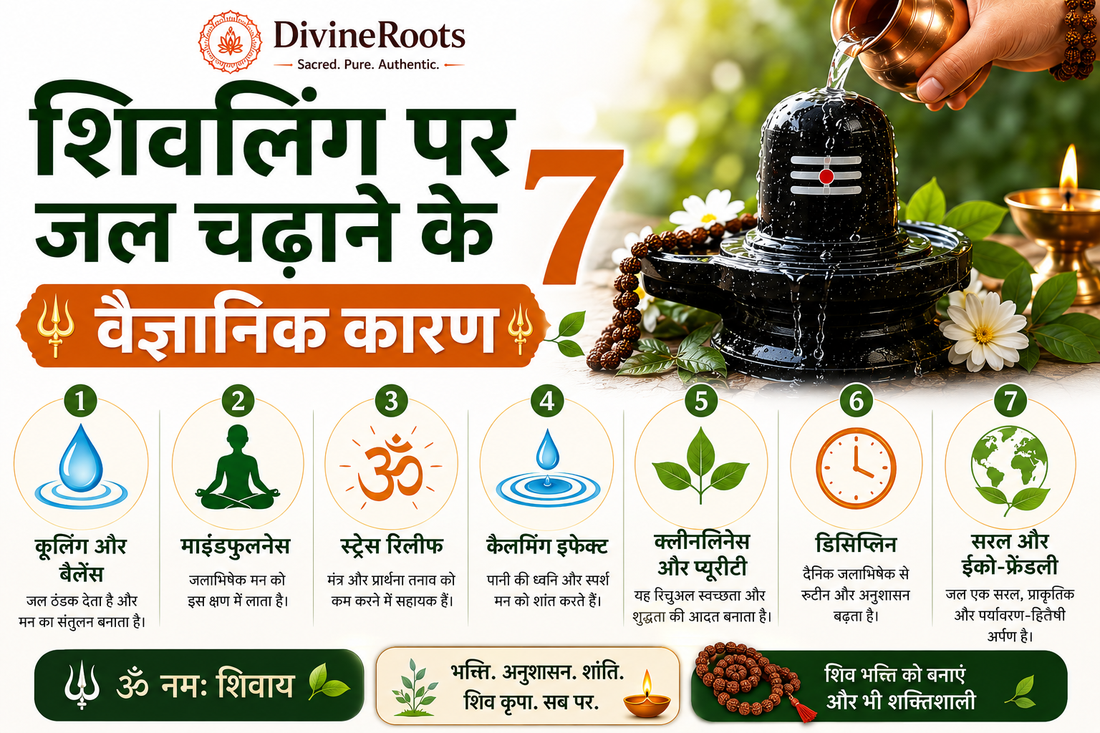 DivineRoots Hindi infographic showing water being offered on Shivling with Rudraksha Mala, explaining 7 scientific and practical reasons such as cooling balance, mindfulness, stress relief, calming effect, cleanliness, discipline and eco-friendly offering