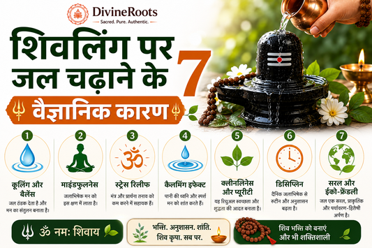 DivineRoots Hindi infographic showing water being offered on Shivling with Rudraksha Mala, explaining 7 scientific and practical reasons such as cooling balance, mindfulness, stress relief, calming effect, cleanliness, discipline and eco-friendly offering