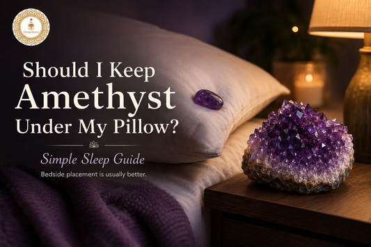 Amethyst tumble stone on a pillow with Amethyst crystal cluster on bedside table in a calm bedroom setting for peaceful sleep, calmness and safe crystal placement