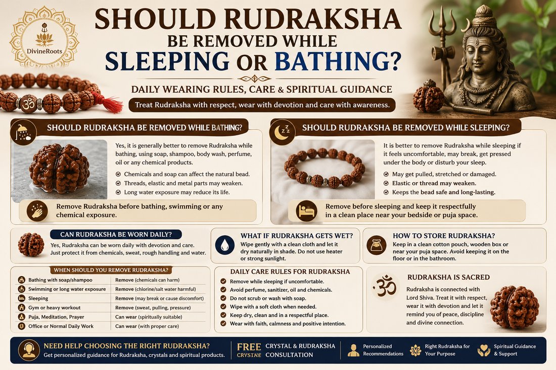 Rudraksha bracelet and beads with Lord Shiva theme explaining whether Rudraksha should be removed while sleeping, bathing, swimming or using soap and chemicals