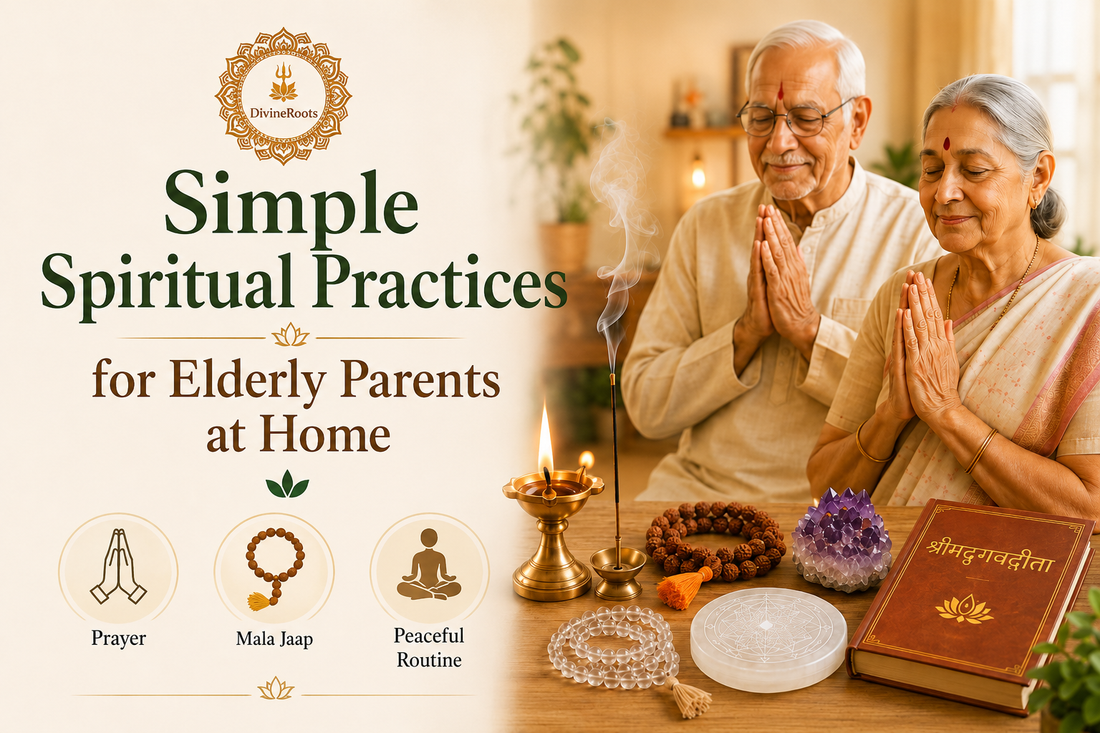 Elderly parents praying at home with Rudraksha Mala, Sphatik Mala, Amethyst, Selenite Plate, diya, incense and DivineRoots branding for peace, faith and positivity