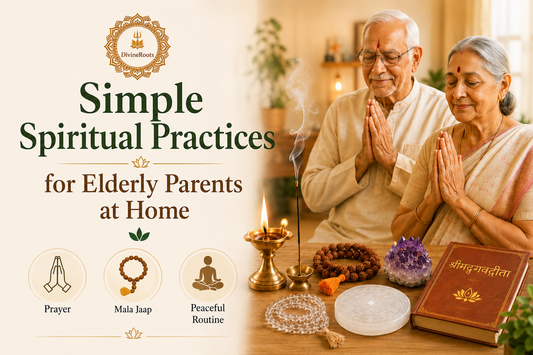 Elderly parents praying at home with Rudraksha Mala, Sphatik Mala, Amethyst, Selenite Plate, diya, incense and DivineRoots branding for peace, faith and positivity