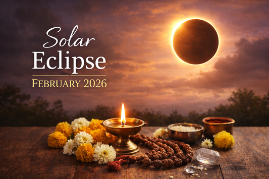 A solar eclipse in the evening sky with a traditional diya, rudraksha mala, and flowers arranged for ritual observance during eclipse time
