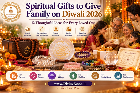 Spiritual Diwali gifts for family in 2026 featuring Rudraksha Mala, Sphatik Mala, crystal bracelets, Sri Yantra, Janam Kundali and a family exchanging gifts, with the DivineRoots logo and festive diyas.