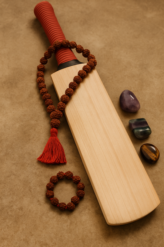 Cricket bat with red grip, Rudraksha mala, and healing crystals like amethyst, fluorite, and tiger’s eye arranged on textured background for energy and focus