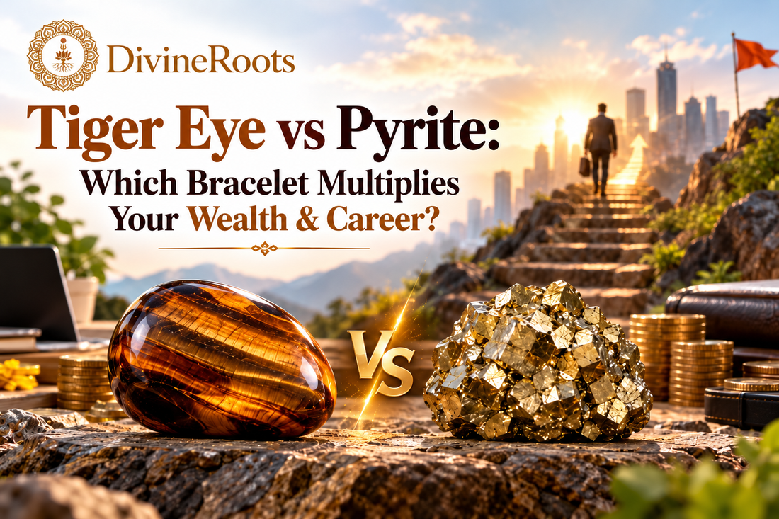 DivineRoots blog hero image comparing Tiger Eye and Pyrite for wealth and career intentions, with a sunrise career-growth path, business symbolism, and realistic-looking Tiger Eye and Pyrite stones representing confidence, action,