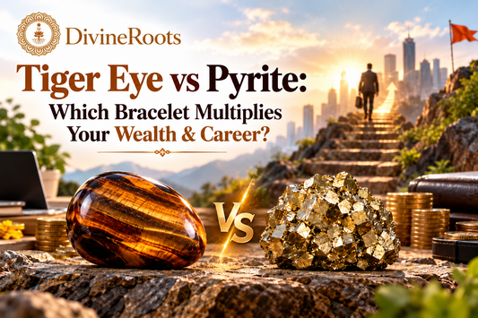 DivineRoots blog hero image comparing Tiger Eye and Pyrite for wealth and career intentions, with a sunrise career-growth path, business symbolism, and realistic-looking Tiger Eye and Pyrite stones representing confidence, action,