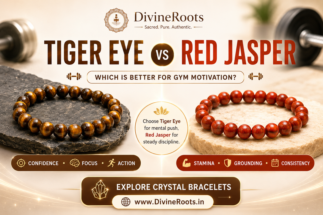 DivineRoots banner comparing Tiger Eye and Red Jasper bracelets for gym motivation, showing Tiger Eye for confidence, focus and action, and Red Jasper for stamina, grounding and consistency
