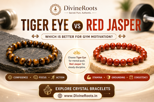 DivineRoots banner comparing Tiger Eye and Red Jasper bracelets for gym motivation, showing Tiger Eye for confidence, focus and action, and Red Jasper for stamina, grounding and consistency