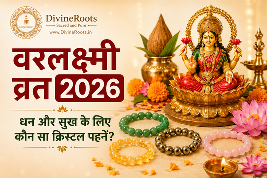 वरलक्ष्मी व्रत 2026 के लिए DivineRoots blog hero image, जिसमें माता लक्ष्मी के साथ Green Aventurine, Citrine, Pyrite और Rose Quartz crystal bracelets धन, समृद्धि और घर के सुख के intention को दर्शाते हैं।