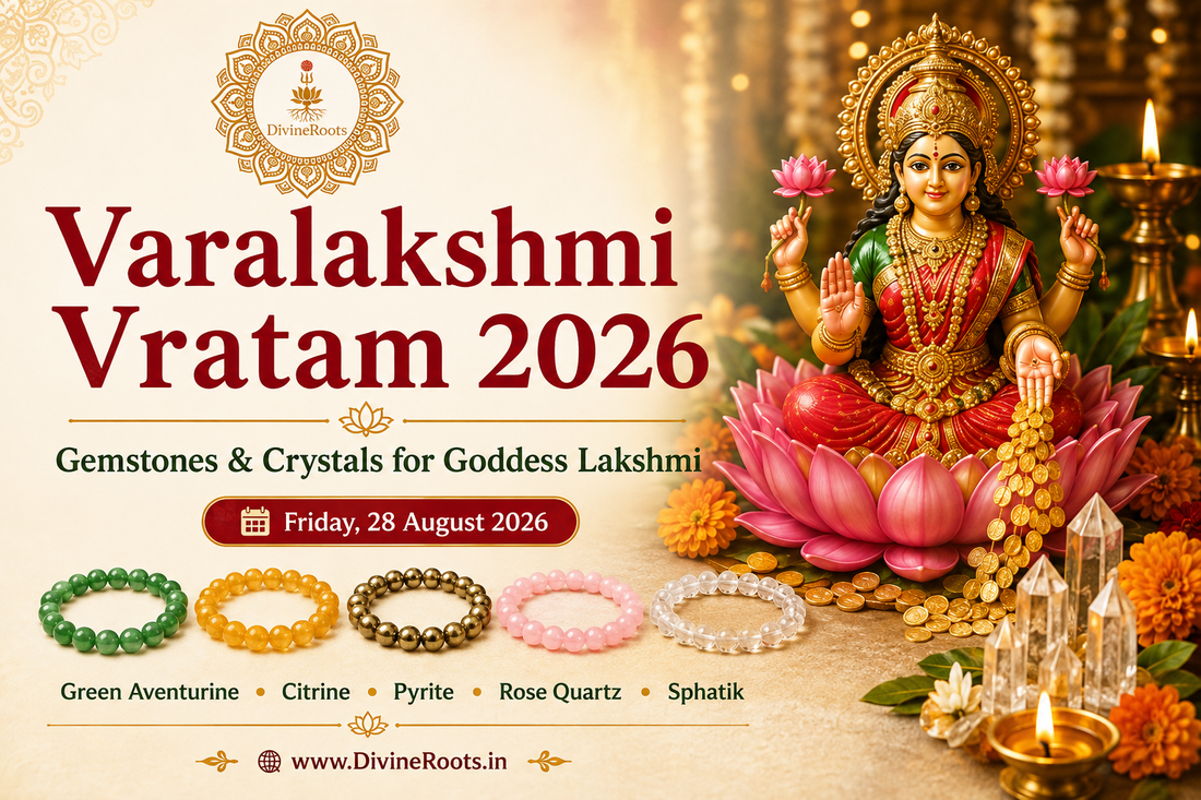 DivineRoots blog hero image for Varalakshmi Vratam 2026 showing Goddess Lakshmi with Green Aventurine, Citrine, Pyrite, Rose Quartz and Sphatik crystals associated with prosperity, family harmony and spiritual intention.