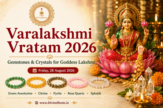 DivineRoots blog hero image for Varalakshmi Vratam 2026 showing Goddess Lakshmi with Green Aventurine, Citrine, Pyrite, Rose Quartz and Sphatik crystals associated with prosperity, family harmony and spiritual intention.