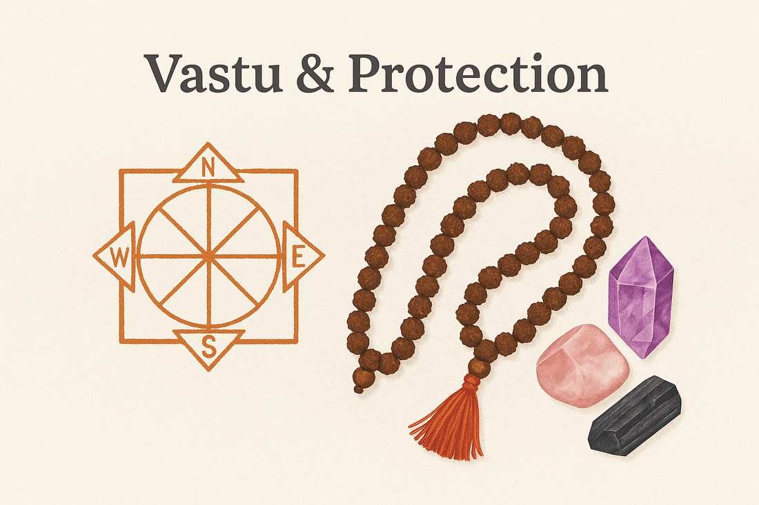 Illustration of Vastu Purusha Mandala, Rudraksha mala, and protective crystals for spiritual balance and energy protection