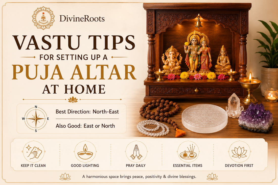 Home puja altar with wooden mandir, deity idols, diya, Rudraksha Mala, Sphatik Mala, Selenite Plate, crystals and DivineRoots branding showing Vastu tips for North-East direction, cleanliness and daily prayer