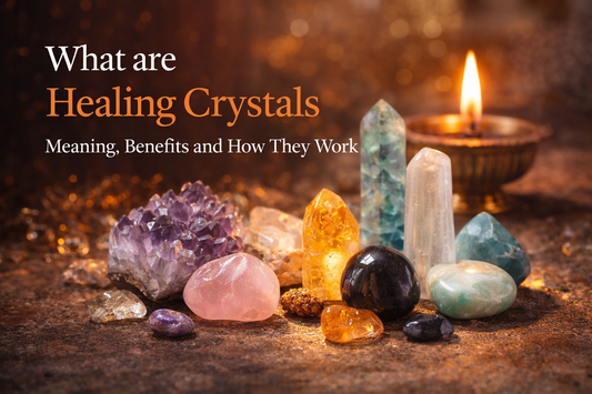 Healing crystals like amethyst, rose quartz and citrine with diya representing their spiritual and energy healing benefits