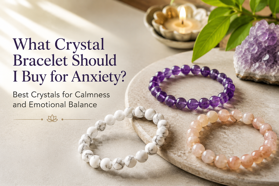 Amethyst, White Howlite and Peach Moonstone crystal bracelets arranged in a calming spiritual setting for anxiety relief and emotional balance