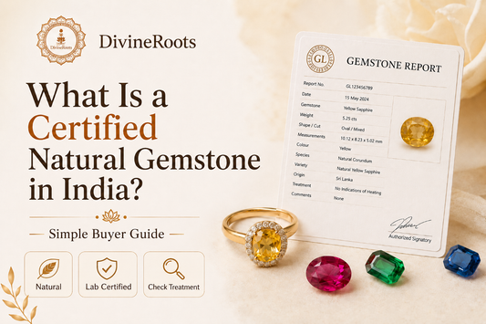 Certified natural gemstone buyer guide with gemstone report, Yellow Sapphire ring, Ruby, Emerald, Blue Sapphire and DivineRoots branding, explaining natural, lab certified and treatment check