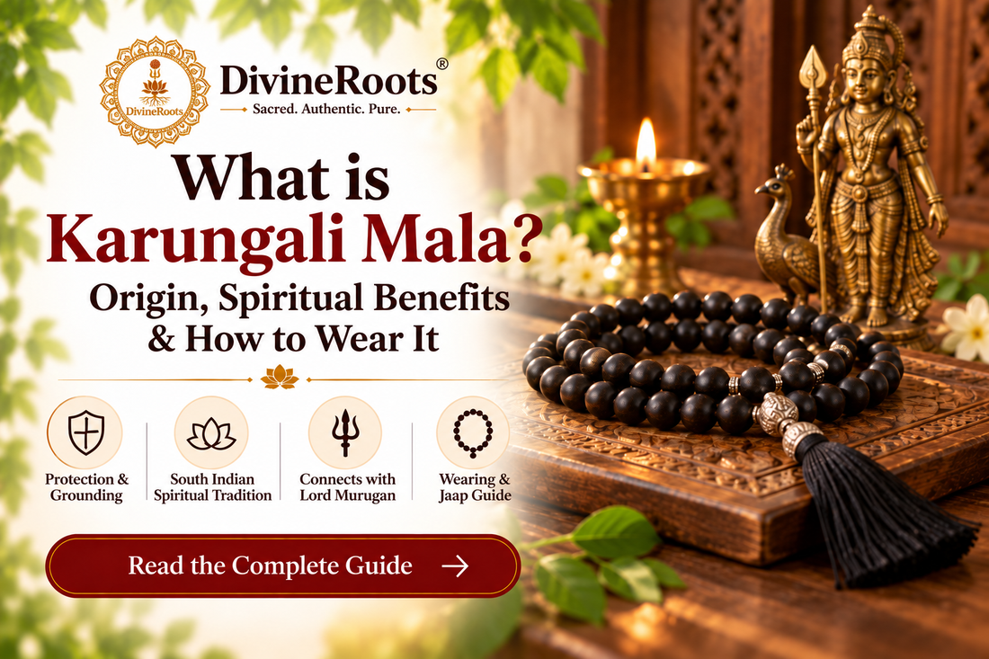 DivineRoots blog hero image showing a natural dark Karungali Mala made from ebony wood beads beside a Murugan-inspired devotional setting with diya and peacock symbolism, representing its South Indian origin