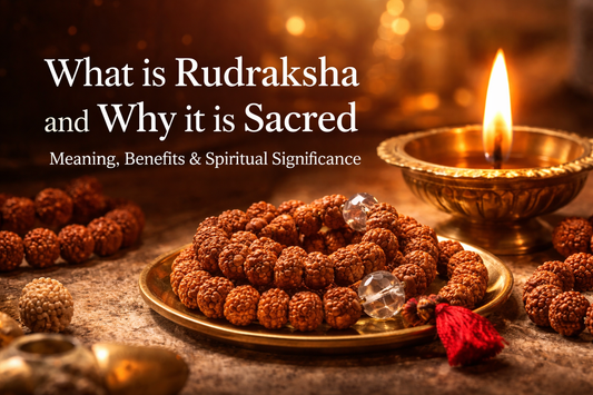 Rudraksha beads with diya lamp representing spiritual significance and sacred connection to Lord Shiva